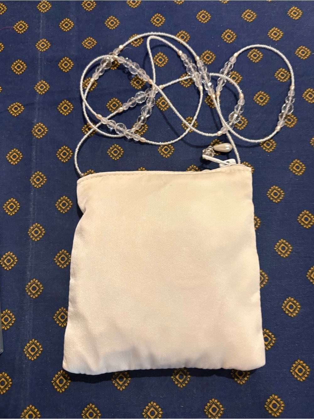 Women's Cream Satin Crossbody Pouch with Beaded Strap